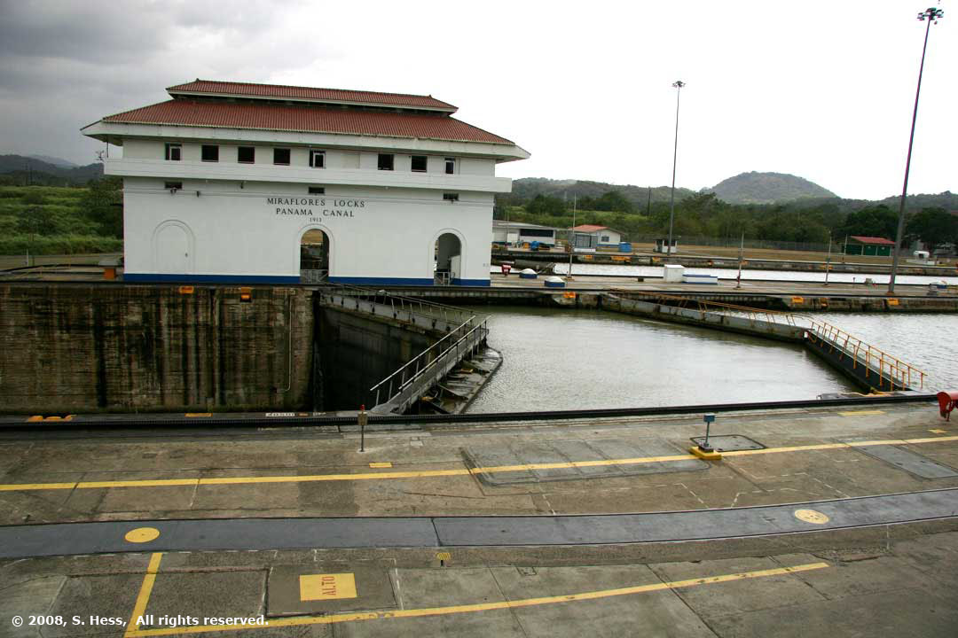 Upper chamber gate of Miraflores Lock with Control Building in background